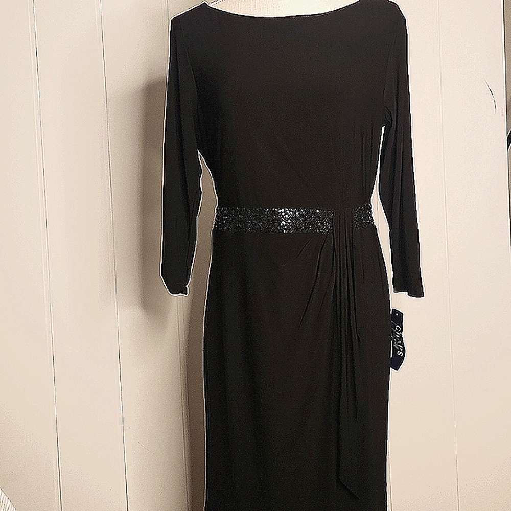 Chaps nwt black long sleeve sequin waist rouching draping evening dress